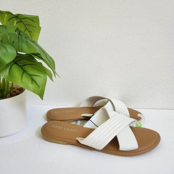 West Loop Elegant White Slide Sandals For Women, Minimalist Cross Strap … - Picture 6 of 8